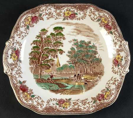 Olde England Brown Multicolored Square Handled Cake Plate