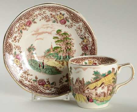 Olde England Brown Multicolored Flat Demitasse Cup & Saucer Set