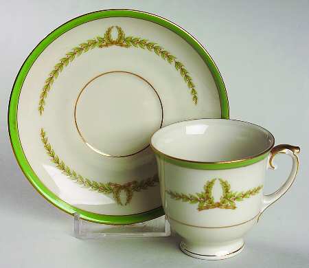 Lyric (Green Design, Off White) Footed Demitasse Cup & Saucer Set