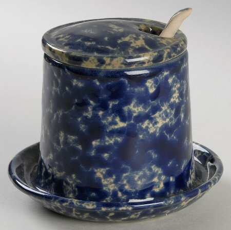 Agate Blue Jam/Jelly & Lid w/Attached Underplate & Spoon