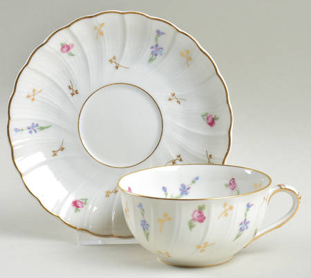 Pompadour (Scalloped, White Background) Flat Cup & Saucer Set by Bernardaud