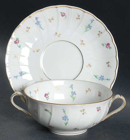 Pompadour (Scalloped, White Background) Flat Cream Soup Bowl & Saucer Set
