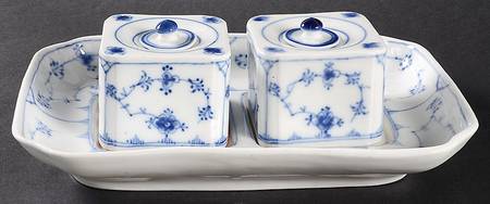 Blue Traditional (No Trim) Double Ink Pot with Lid and Stand