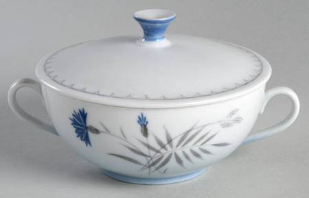 Cornflower Blue Edge Cream Soup Bowl & Lid Set