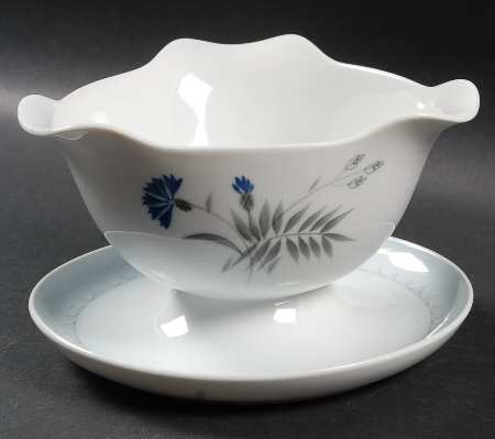 Cornflower Blue Edge Gravy Boat with Attached Underplate