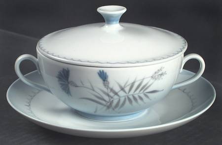 Cornflower Blue Edge Cream Soup Bowl & Saucer Set with Lid