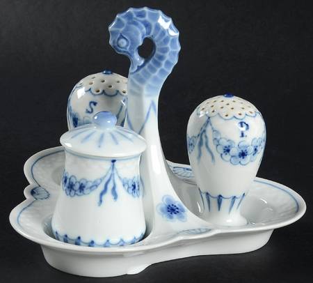 Empire Blue and White Salt & Pepper, Mustard with Lid & Tray