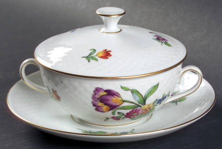Saxon Flower (White Background) Cream Soup Bowl & Saucer Set with Lid