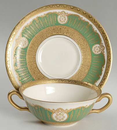 Antoinette Green Flat Cream Soup Bowl & Saucer Set