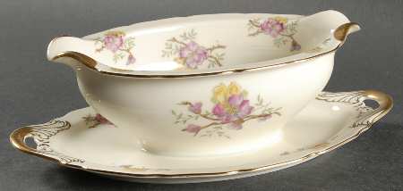Apple Blossom (Cream Background) Gravy Boat with Attached Underplate