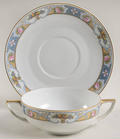 Rosari (Smooth, Fruit Basket, Blue) Flat Cream Soup Bowl & Saucer Set by Black Knight