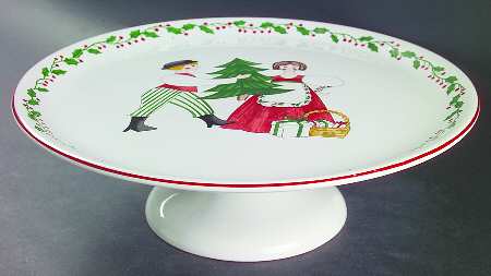 Folk Christmas 12" Diameter Pedestal Cake Stand