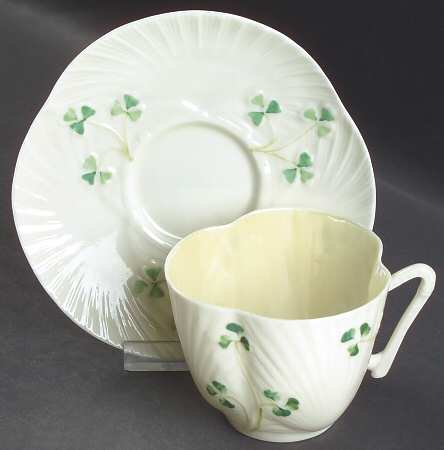 Harp Shamrock Flat Cup & Saucer Set by Belleek Pottery (Ireland)
