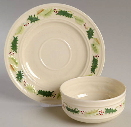 Holly Painted Flat Cream Soup Bowl & Saucer Set