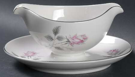 Silver Rose (Platinum Trim) Gravy Boat with Attached Underplate