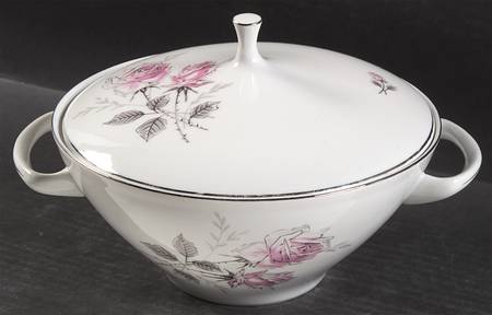 Silver Rose (Platinum Trim) Round Covered Vegetable