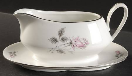 Silver Rose (Platinum Trim) Gravy Boat with Attached Underplate