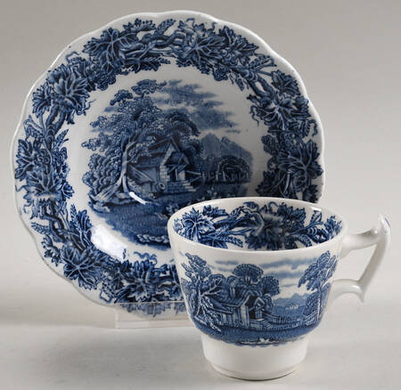 British Scenery Blue (Scalloped, A8024) Flat Demitasse Cup & Saucer Set
