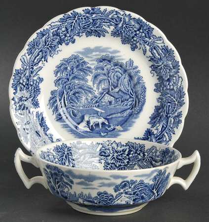 British Scenery Blue (Scalloped, A8024) Footed Cream Soup Bowl & Saucer Set
