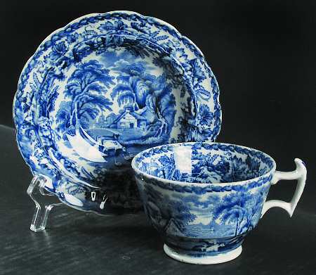 British Scenery Blue (Scalloped, No #) Footed Cup & Saucer Set
