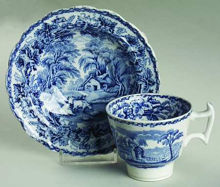 British Scenery Blue (Scalloped, No #) Footed Demitasse Cup & Saucer Set
