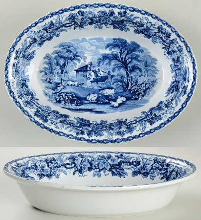 British Scenery Blue (Scalloped, No #) 9" Oval Vegetable Bowl