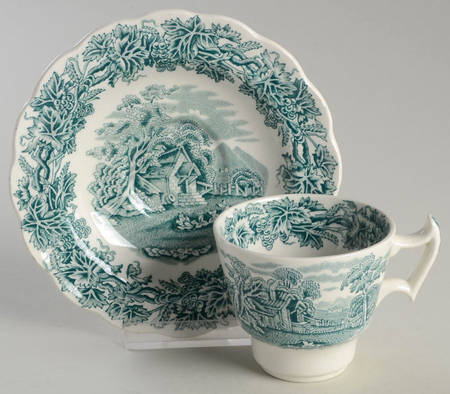 British Scenery Green Footed Demitasse Cup & Saucer Set