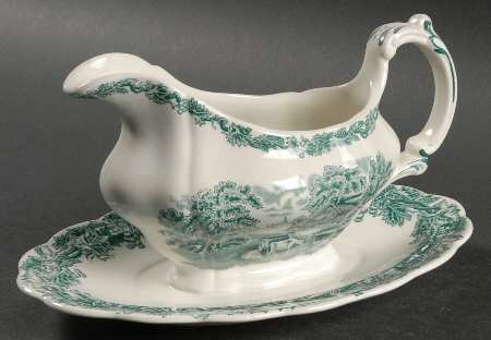 British Scenery Green Gravy Boat with Attached Underplate