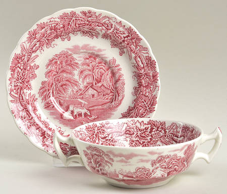 British Scenery Pink (Scalloped, A8024) Footed Cream Soup Bowl & Saucer Set