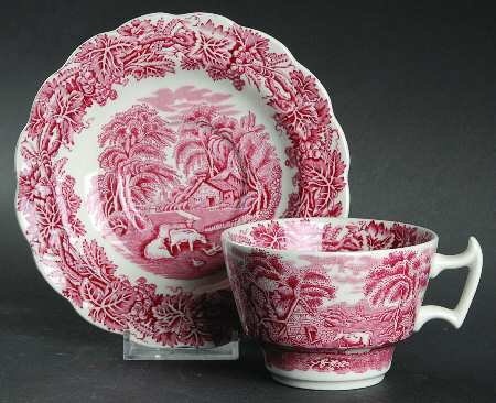 British Scenery Pink (Scalloped, A8024) Flat Cup & Saucer Set