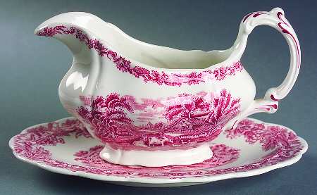 British Scenery Pink (Scalloped, A8024) Gravy Boat & Underplate