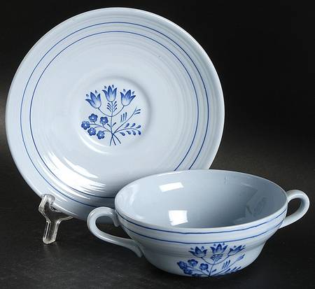 Canterbury Blue (Floral Center) Flat Cream Soup Bowl & Saucer Set