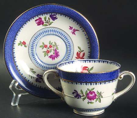 Lowestoft Border (With Flowers) Footed Bouillon Cup & Saucer