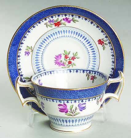 Lowestoft Border (With Flowers) Footed Bouillon Cup & Saucer
