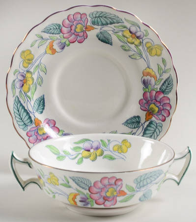 Mayfair (Pink & Yellow Flowers) Flat Cream Soup Bowl & Saucer Set