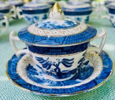 Real Old Willow Blue Footed Bouillon Cup and Saucer with Lid