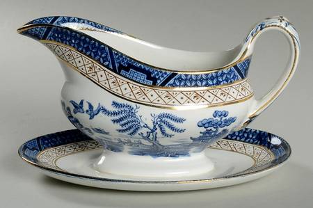 Real Old Willow Blue Gravy Boat with Attached Underplate