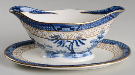 Real Old Willow Blue Gravy Boat with Attached Underplate