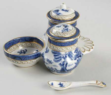 Real Old Willow Blue Condiment-Mustard W/Lid&Spoon, Pepper,Att.Opn.Salt