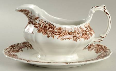 Vine and Wheat Brown Gravy Boat with Attached Underplate