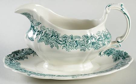 Vine and Wheat Green Gravy Boat with Attached Underplate