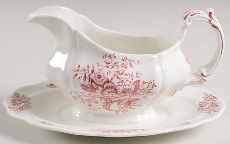 Vine and Wheat Pink Gravy Boat with Attached Underplate