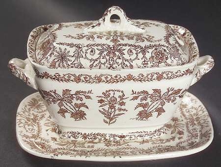 Lahore Brown (Brown Flowers) Sauce Boat & Lid with Underplate