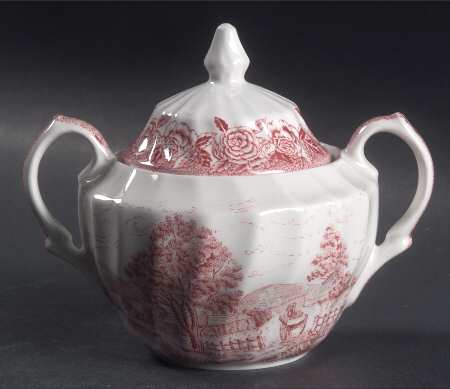 English Country Scenes Red Sugar Bowl & Lid
