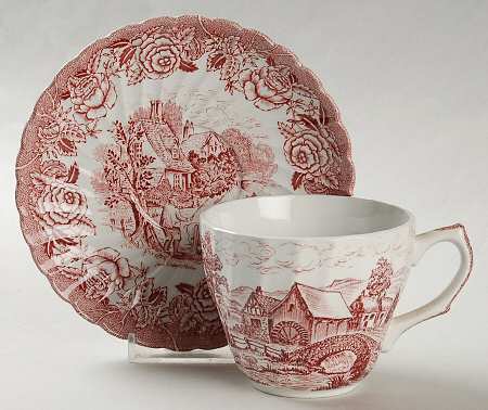 English Country Scenes Red Flat Cup & Saucer Set