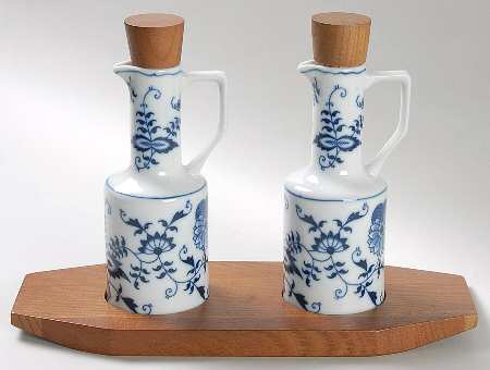 Blue Danube Cruet Set with Wood Stoppers on Wood Stand