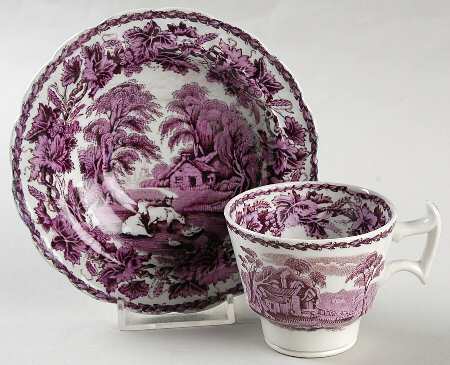 British Scenery Purple (No Embossed Edge) Footed Demitasse Cup & Saucer Set