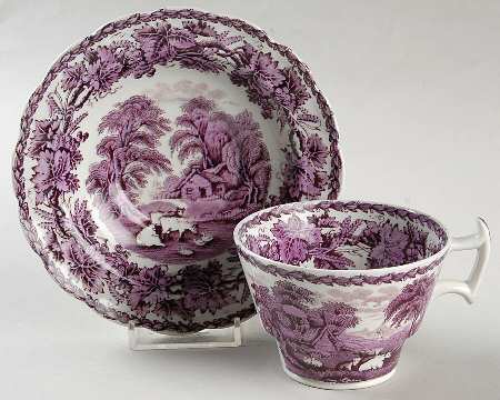 British Scenery Purple (No Embossed Edge) Footed Cup & Saucer Set