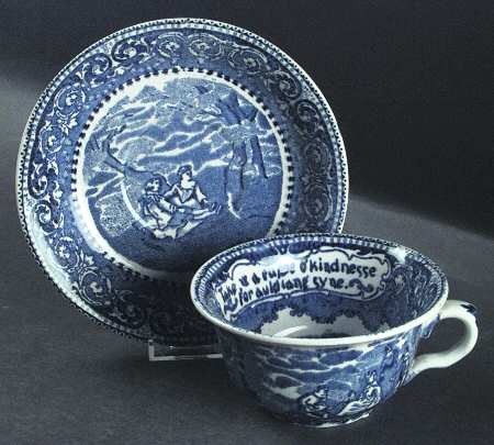 Ye Olde Historical Pottery Blue Joke Cup & Saucer Set