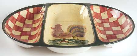 Red Check Rooster 3-Part Oval Divided Server